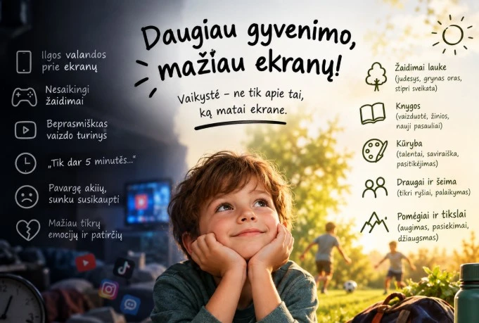 Kodėl vaikai „paskęsta“ ekranuose ir kodėl besaikis tik tok, jutubo žiūrėjimas kenkia vaikui? kaip ekranus pakeisti į kažką naudingo vaikui ir jo brandai